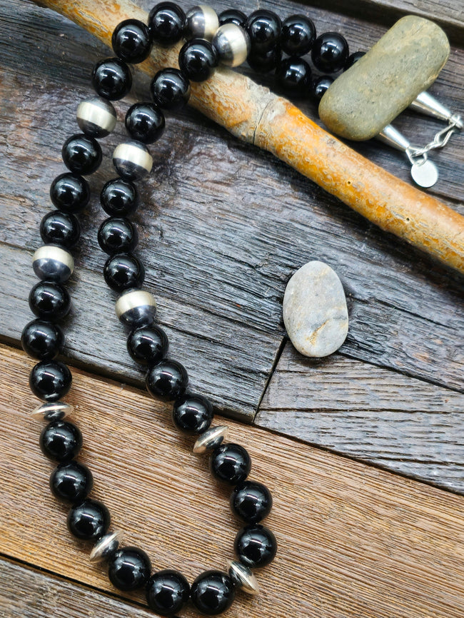 Sterling Silver and Black Onyx Bead Necklace by Fred Archuleta - 23