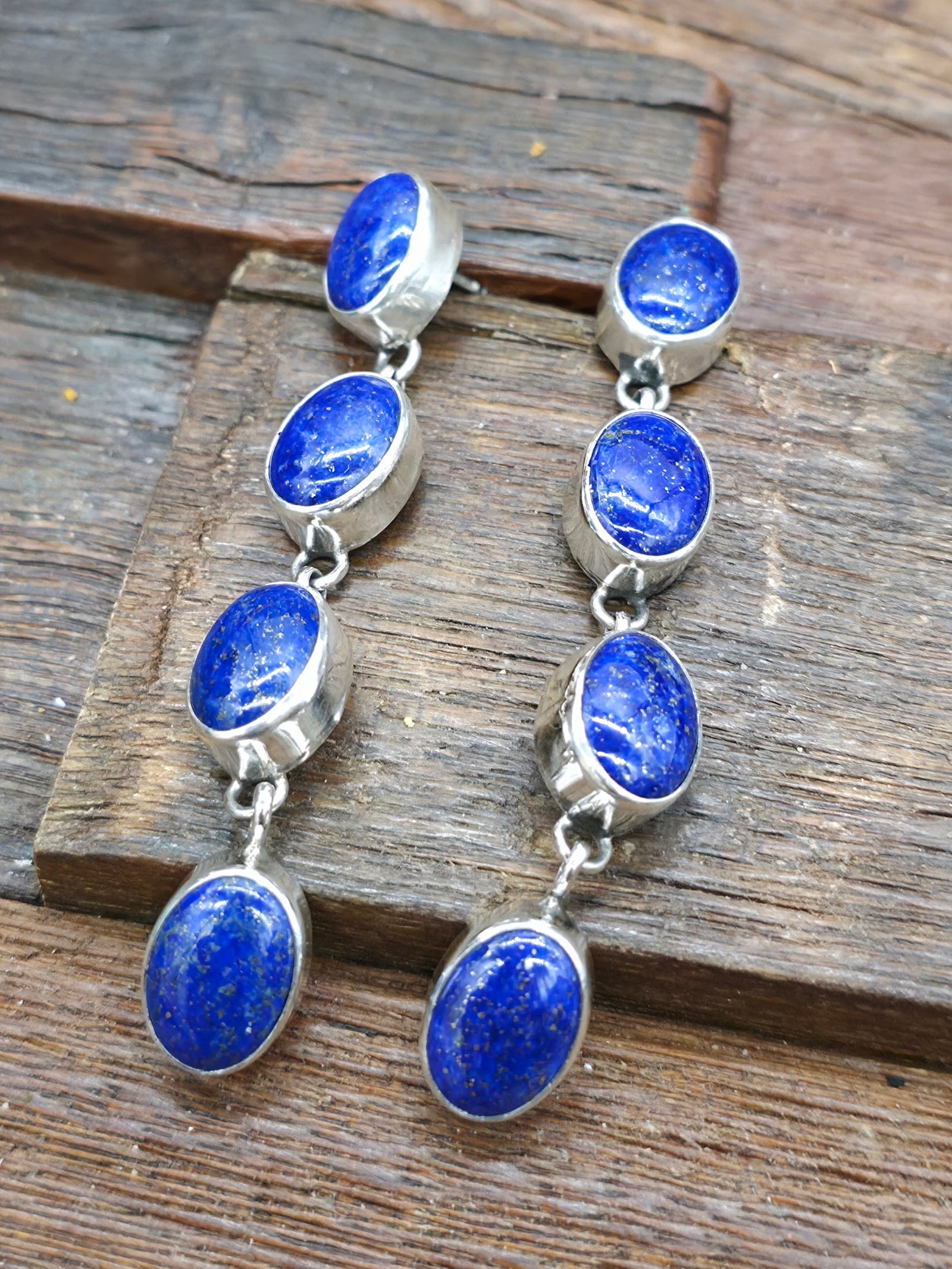 Four Stone Lapis Sterling Silver Post Dangle Earrings by Geneva Apachito - 3 in. by 3/8 in.