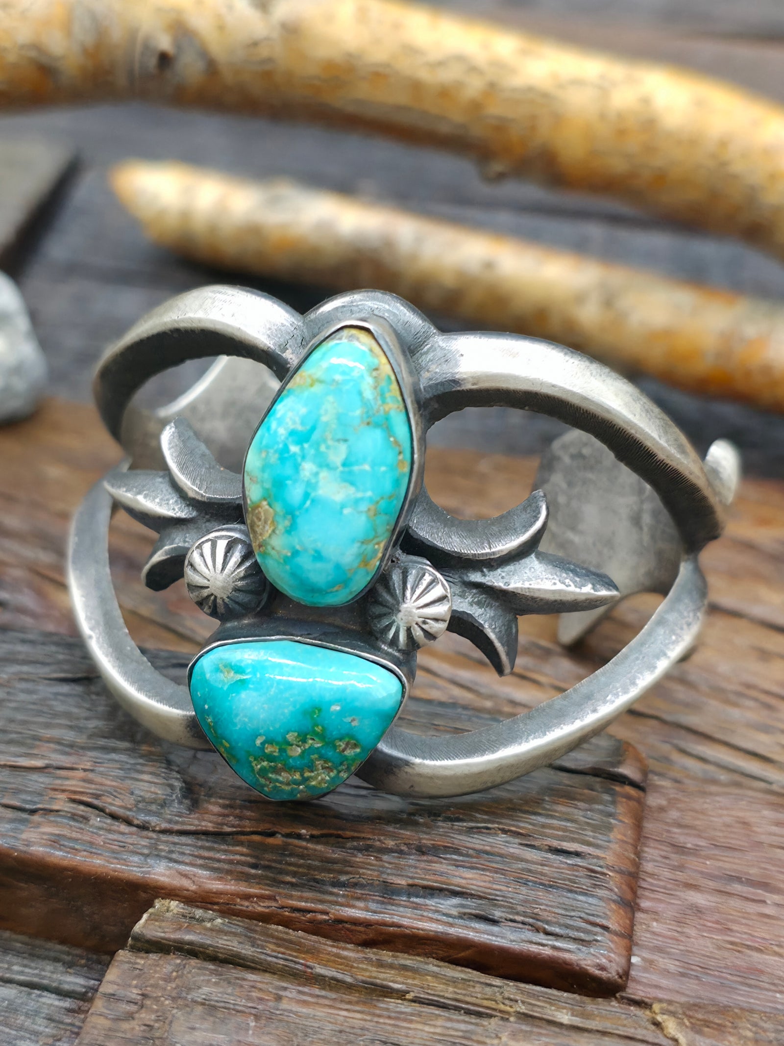 Cast Sterling Silver Two Stone Sonoran Turquoise Cuff - 5 3/4 in. with Gap