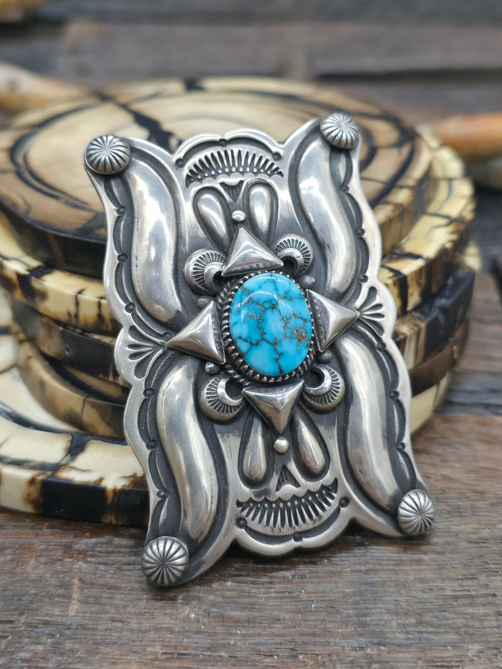 Stamped Sterling Silver Kingman Turquoise Belt Buckle by Delbert Gordon - 3" by 2"