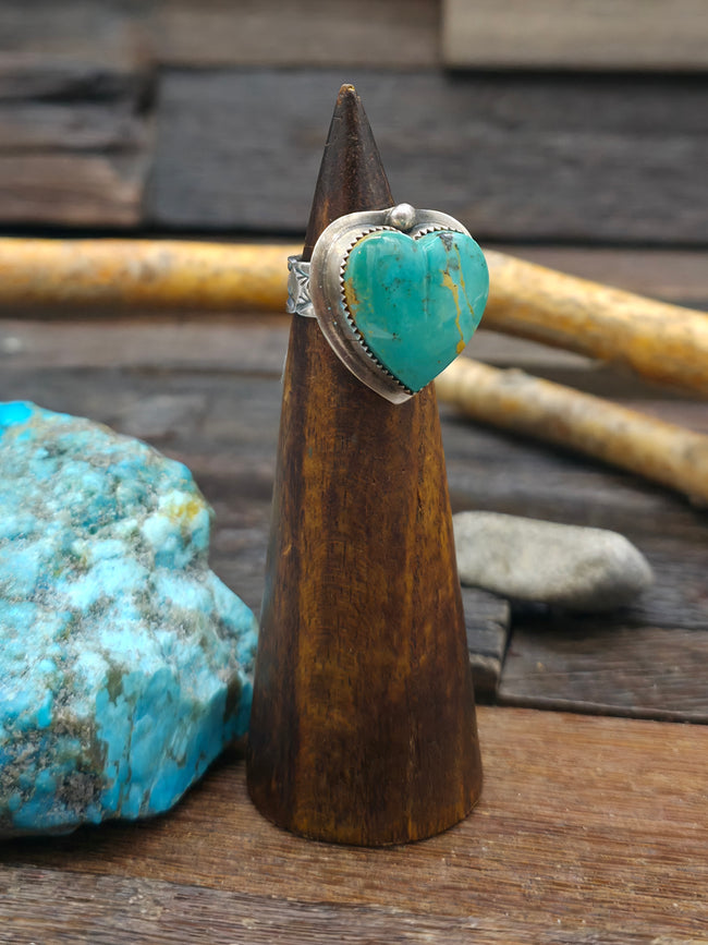 Sterling Silver Green Turquoise Heart Ring by Larry Archuleta - Size 5 1/2