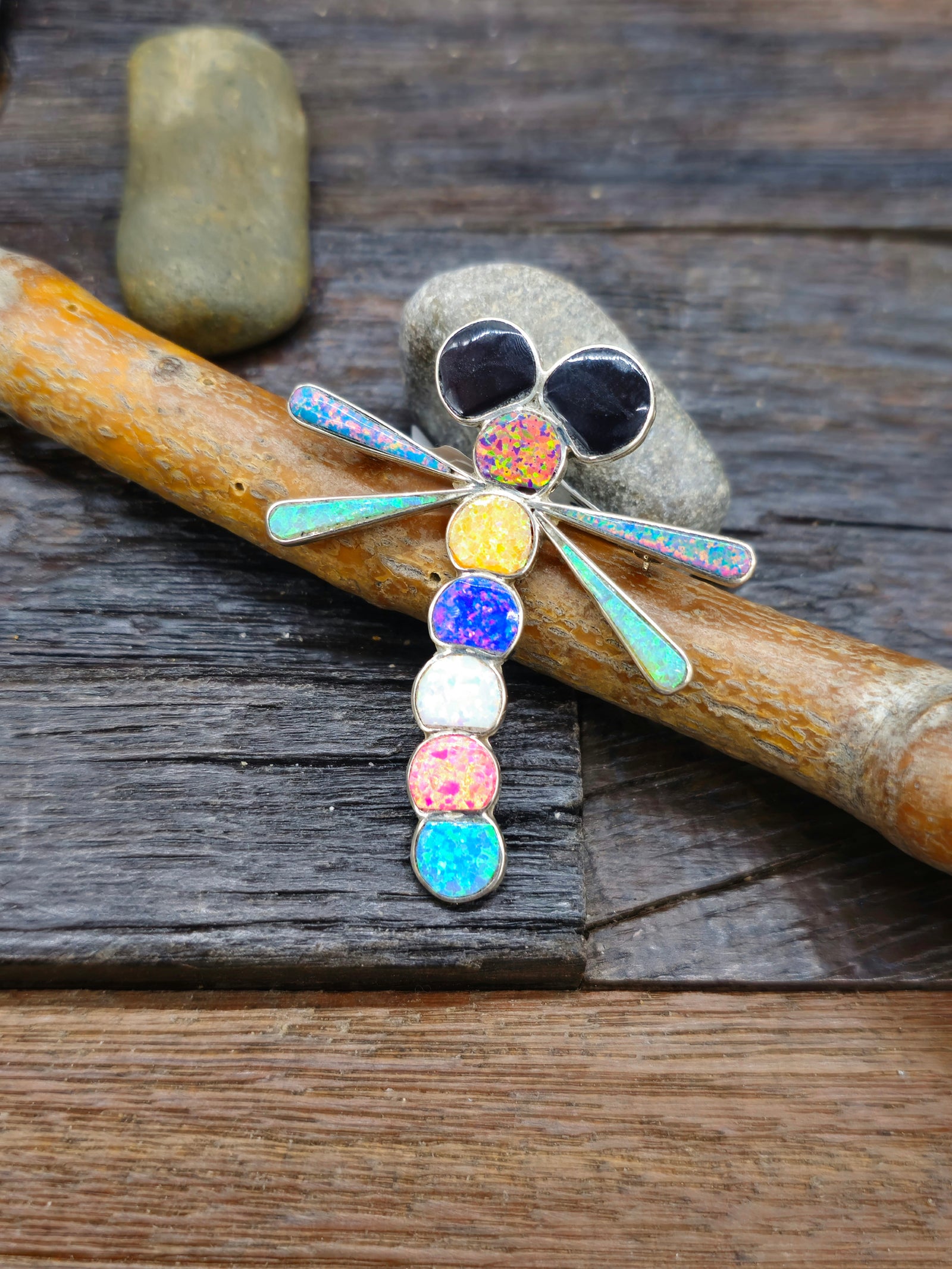 Sterling Silver Lab Opal and Jet Dragonfly Inlay Pin/Pendant by Emma Edaakie