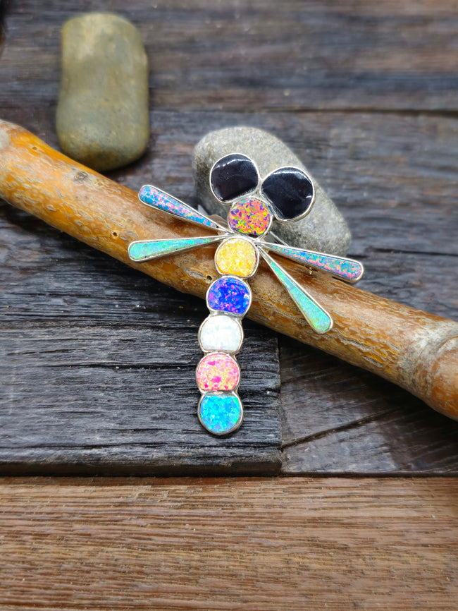 Sterling Silver Lab Opal and Jet Dragonfly Inlay Pin/Pendant by Emma Edaakie