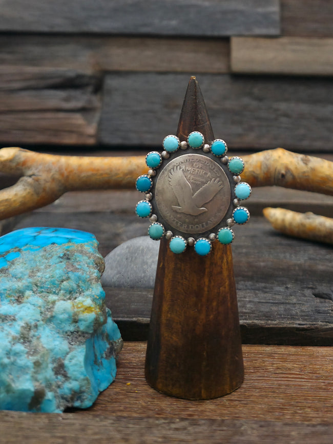 Turquoise Eagle Quarter Coin Ring by Lawrence Archuleta - Size 10