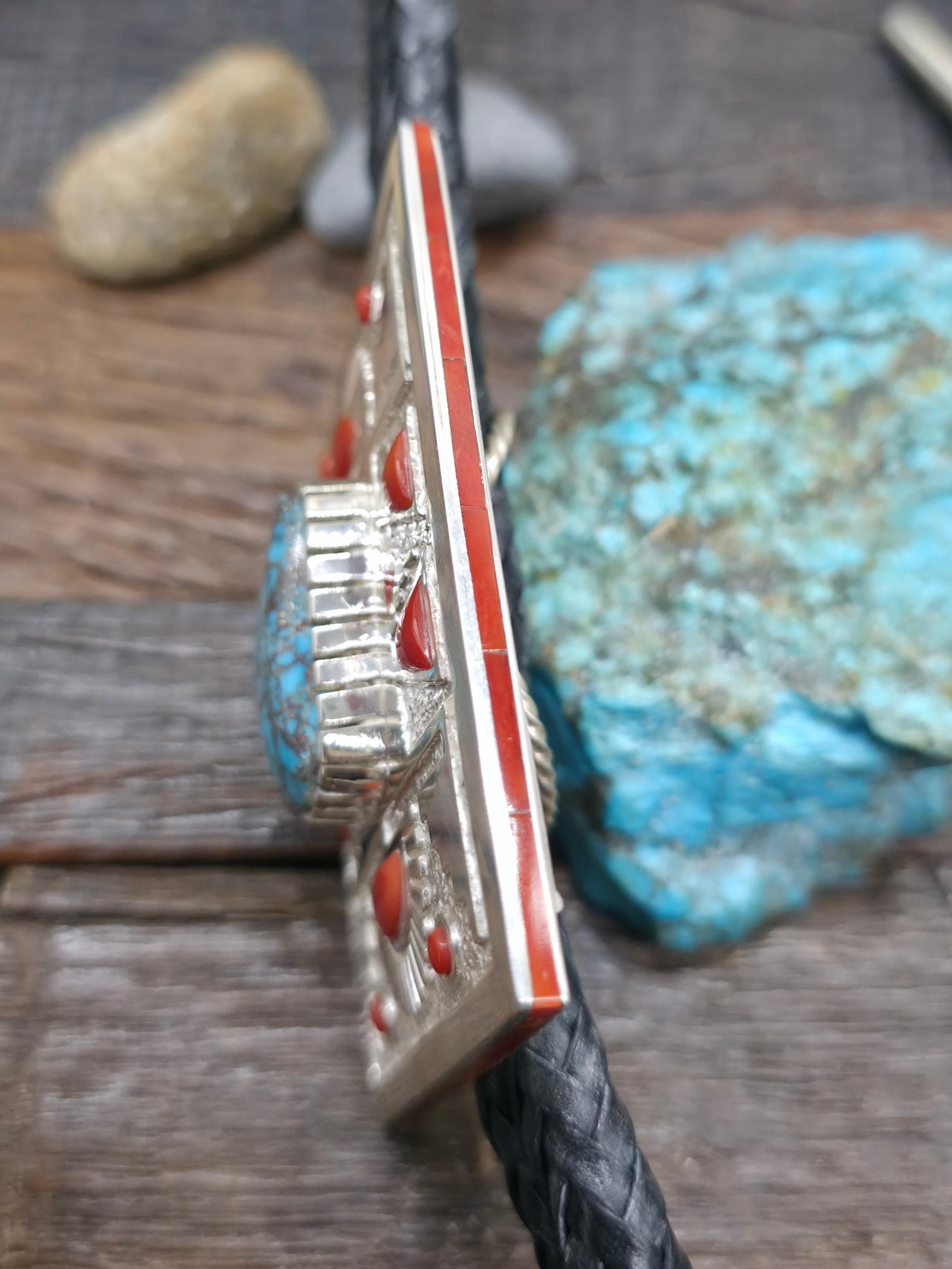 High Shine Sterling Silver Turquoise and Coral Inlay Bolo Tie by Michael Perry - 46 in.