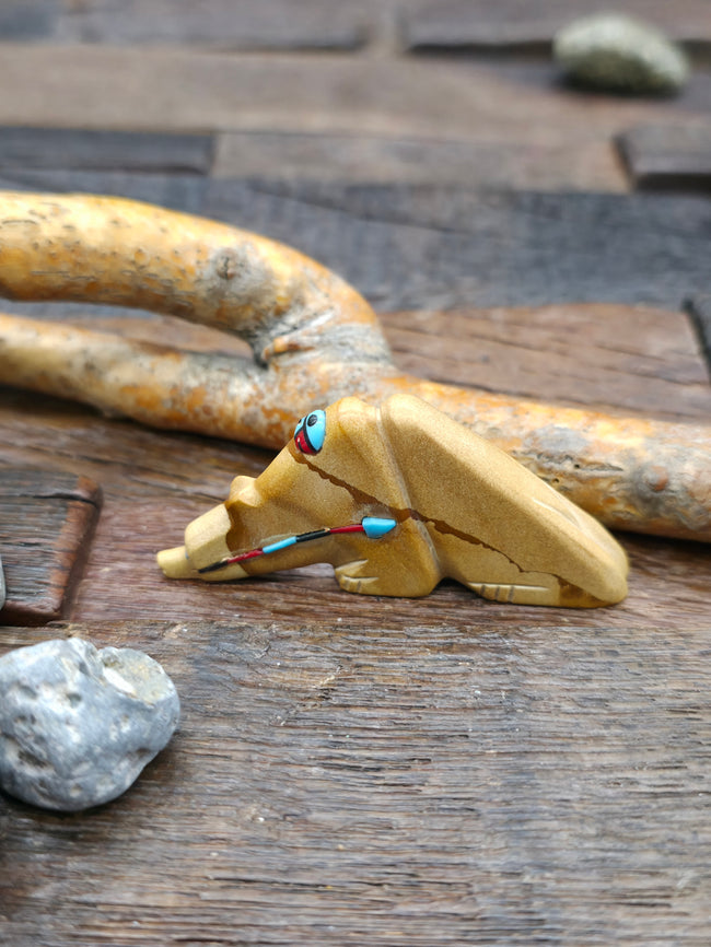 Hand Carved Bear Fetish with Turquoise, Coral, and Jet Inlay by Danette Laate