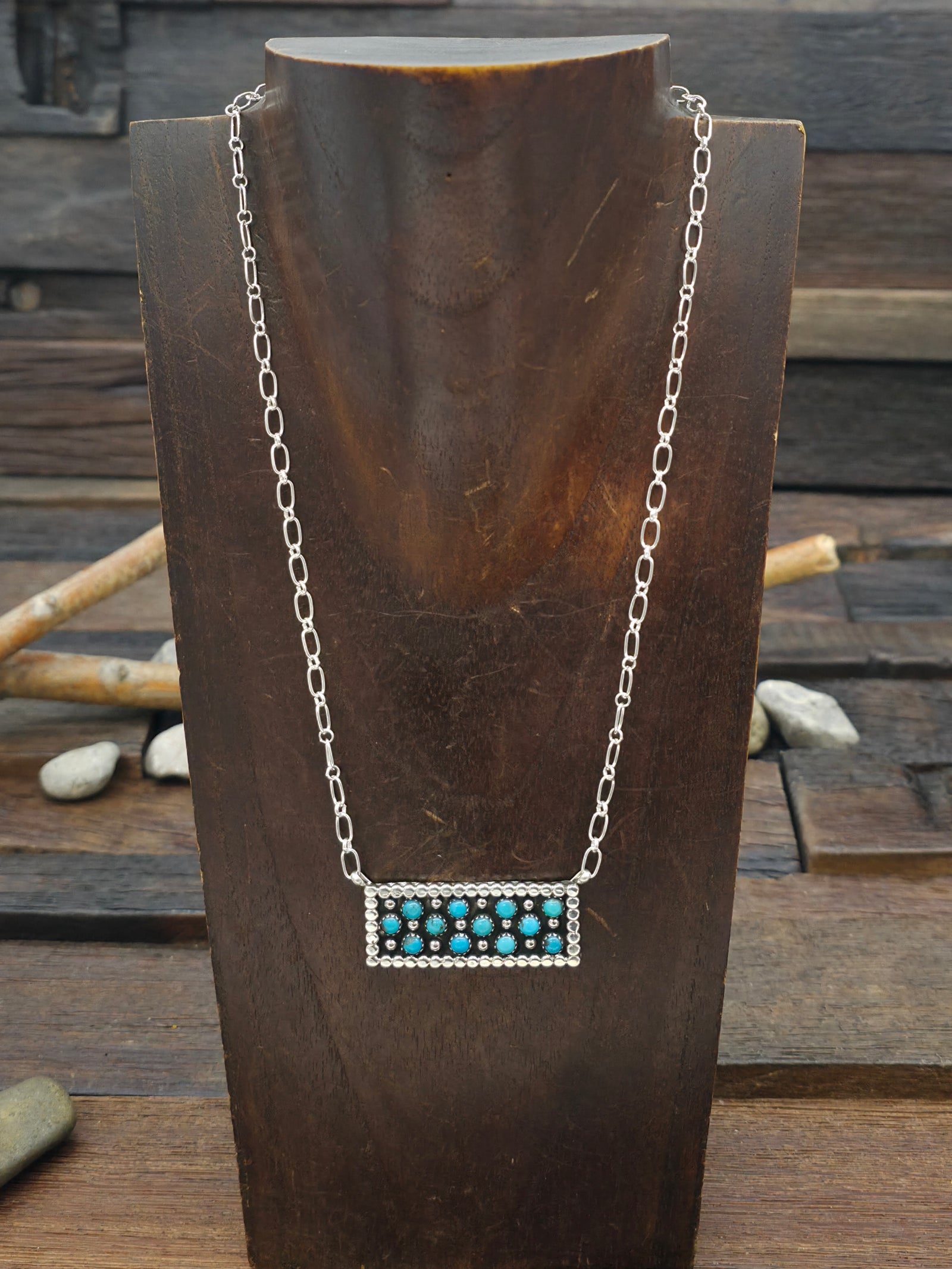 Sterling Silver Raindrop and Turquoise Snake Eye Bar Necklace by Kenny Lonjose - 17 in.