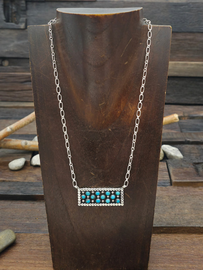 Sterling Silver Raindrop and Turquoise Snake Eye Bar Necklace by Kenny Lonjose - 17 in.