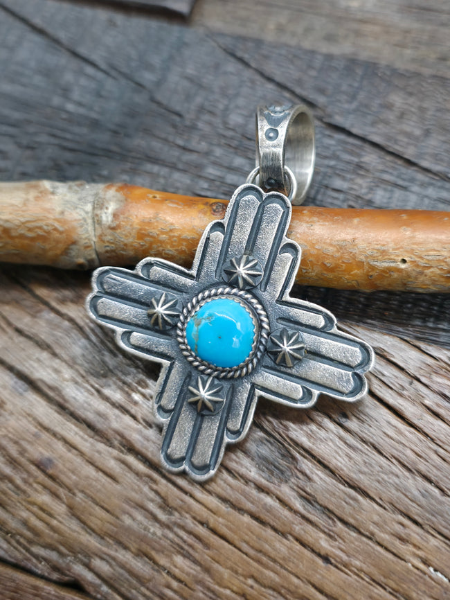 Sterling Silver Blue Turquoise Zia Symbol Pendant by Kevin Billah - 2 3/4 in. by 2 in.