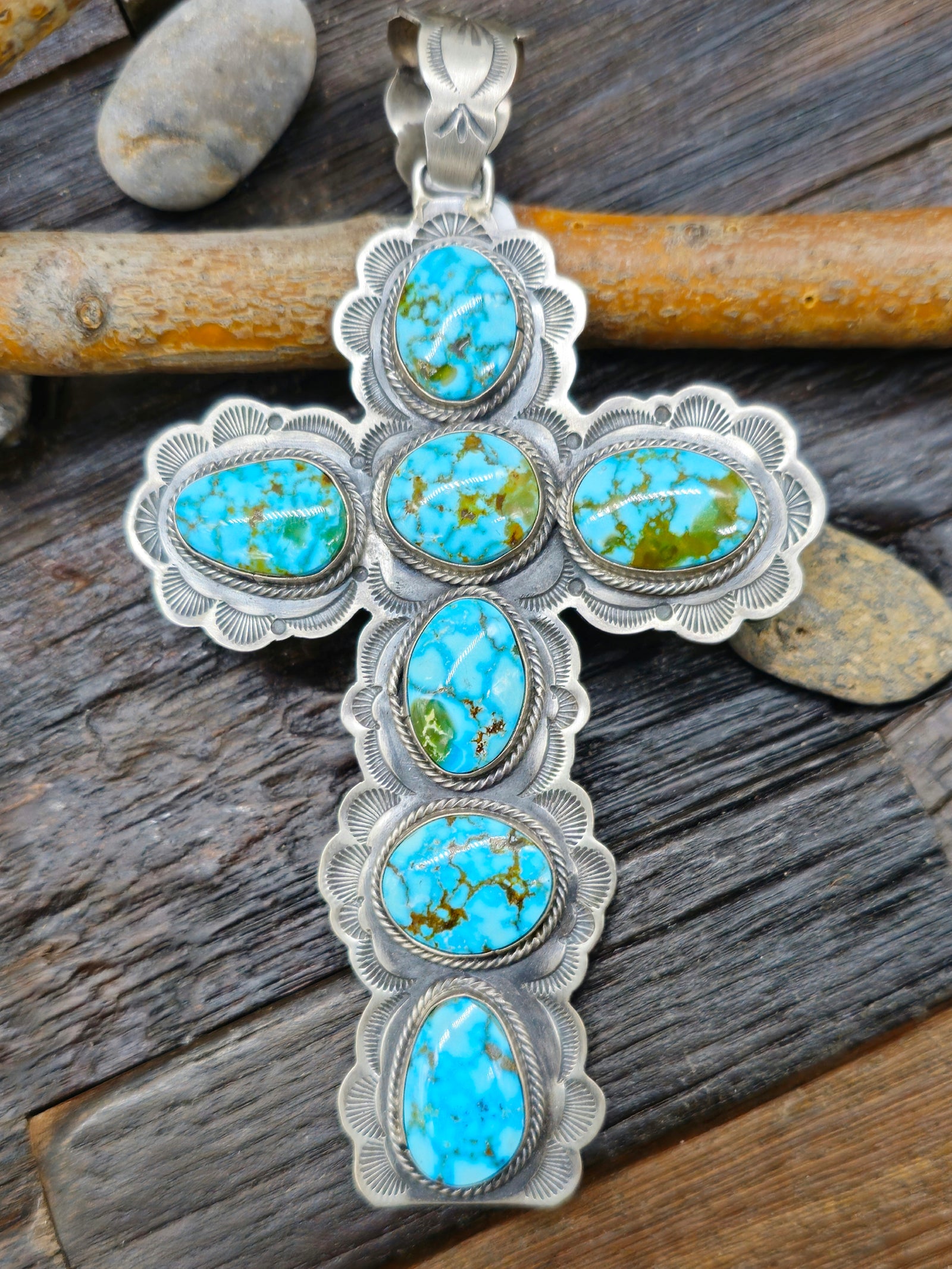 Sterling Silver Kingman Turquoise Cross Pendant by S. Tso