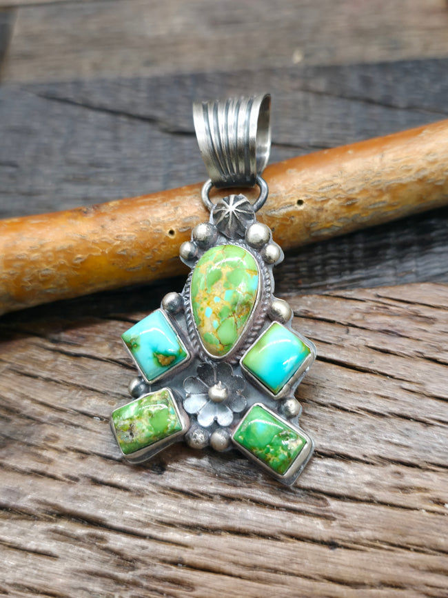Sterling Silver Sonoran Turquoise Half Cluster Pendant by LaRose Ganadanegro - 2 1/4 in. by 1  1/4 in.