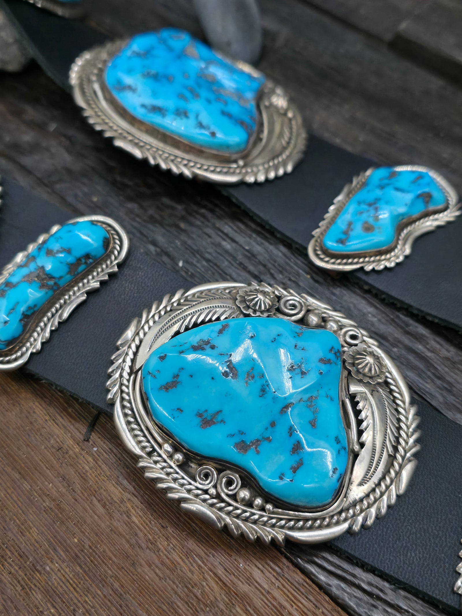 Sterling Silver Leaf Applique and Sleeping Beauty Turquoise Nugget Concho Belt by Ben Begaye - 54 in.