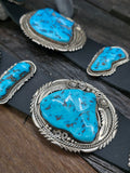 Sterling Silver Leaf Applique and Sleeping Beauty Turquoise Nugget Concho Belt by Ben Begaye - 54 in.
