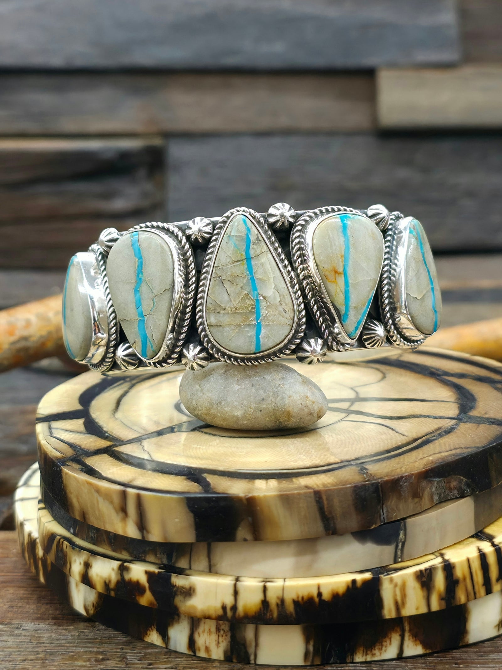 Stamped Sterling Silver and Ribbon Turquoise Cuff by Delbert Delgarito  - 6 3/4 in.