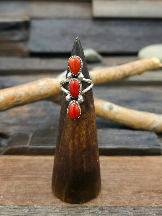 Three Stone Sterling Silver Coral Ring - Size 5.75