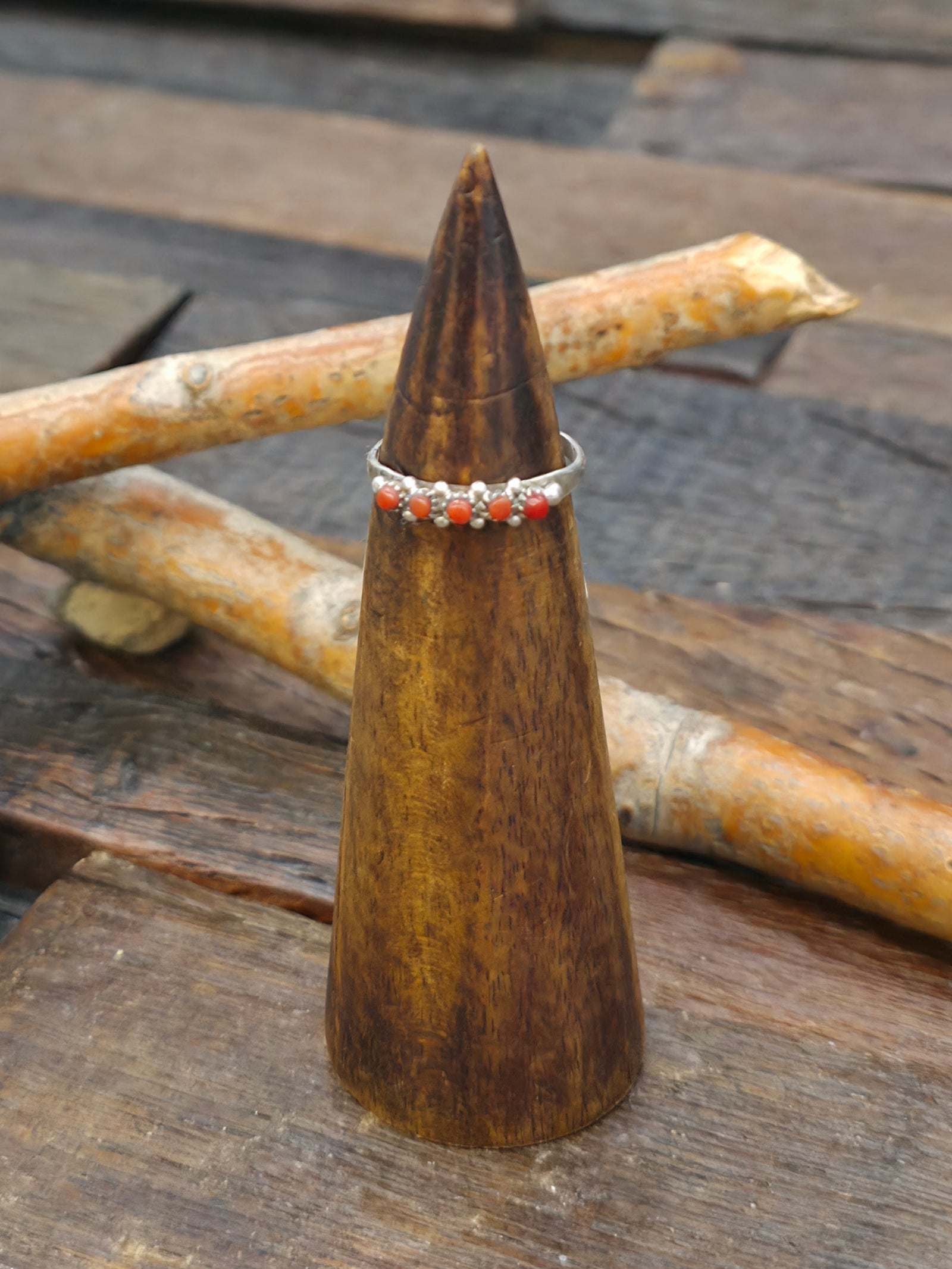 Sterling Silver Coral Petit Point Ring - Size 7 1/2