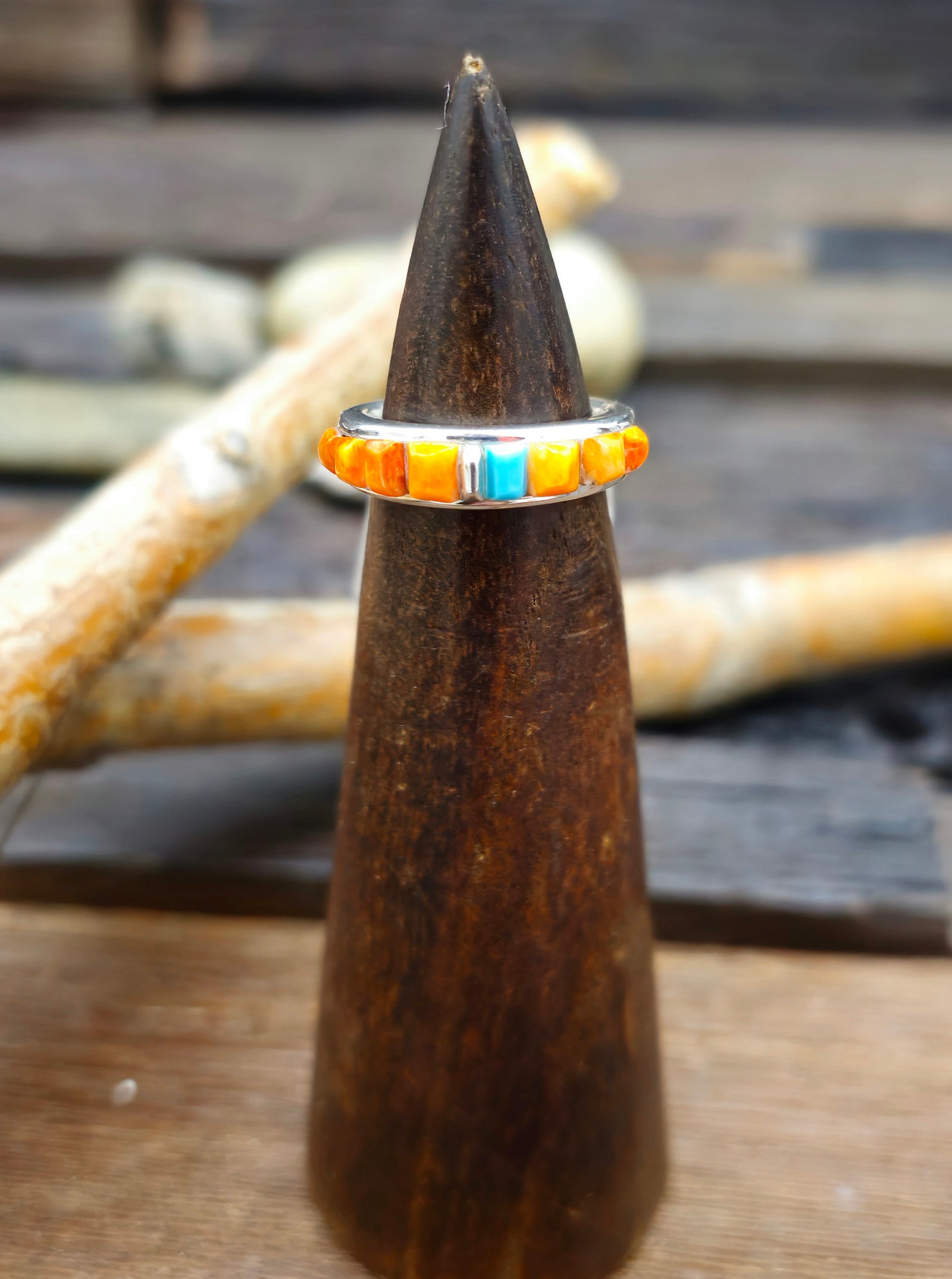 Orange Spiny and Turquoise Cobblestone Inlay Sterling Silver Ring by Albert Topaha - Size 5