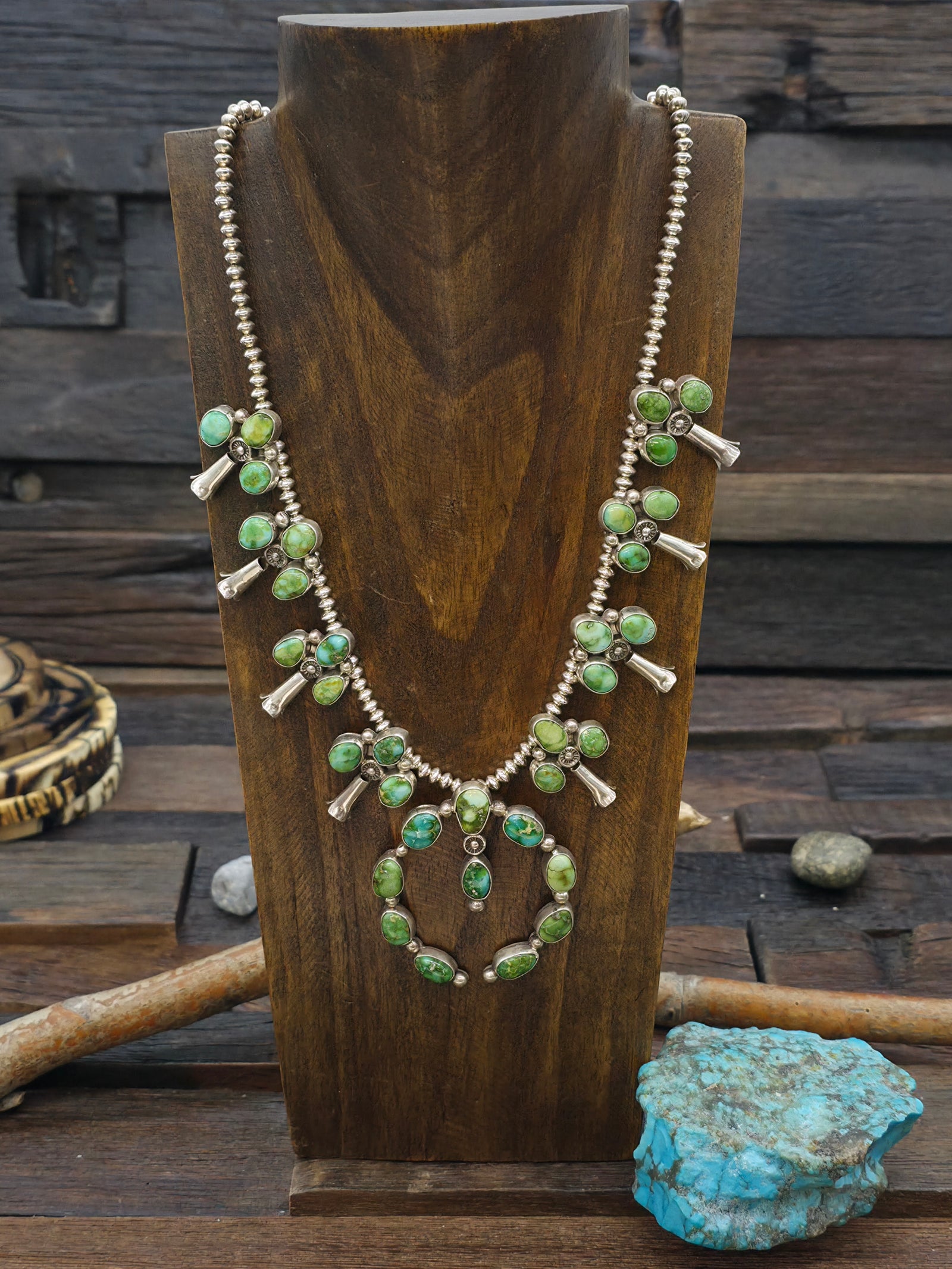 Sonoran Turquoise Sterling Silver Squash Blossom Necklace by Draper - 25 in.