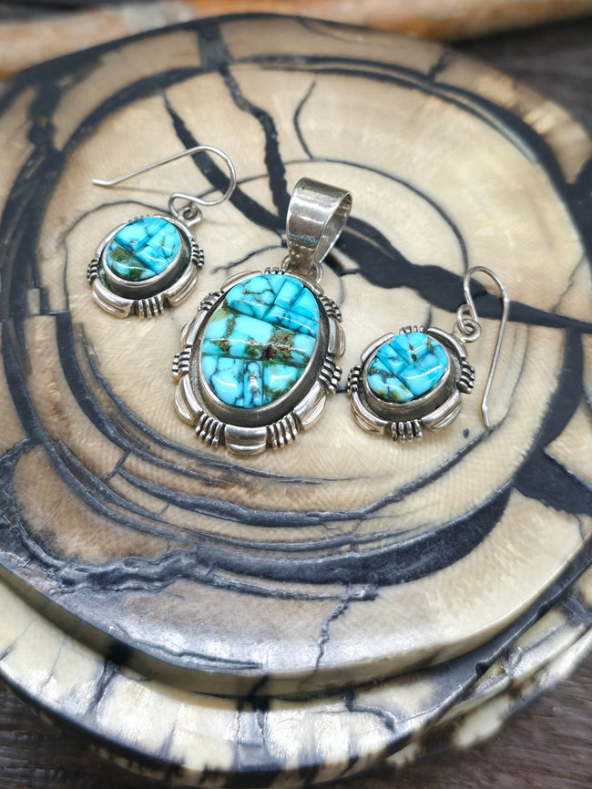 Sterling Silver Kingman Turquoise Cobblestone Pendant and Earring Set - 1 1/2 by 3/4 in.