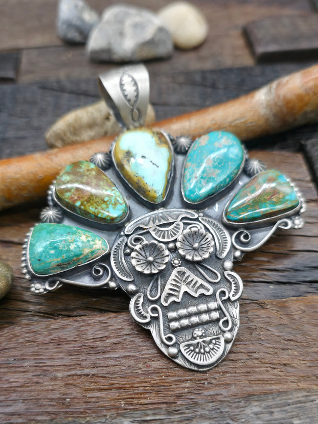 Stamped Sterling Silver Royston Turquoise Skull Pendant by Ronald Tom - 4 in. by 3 in.