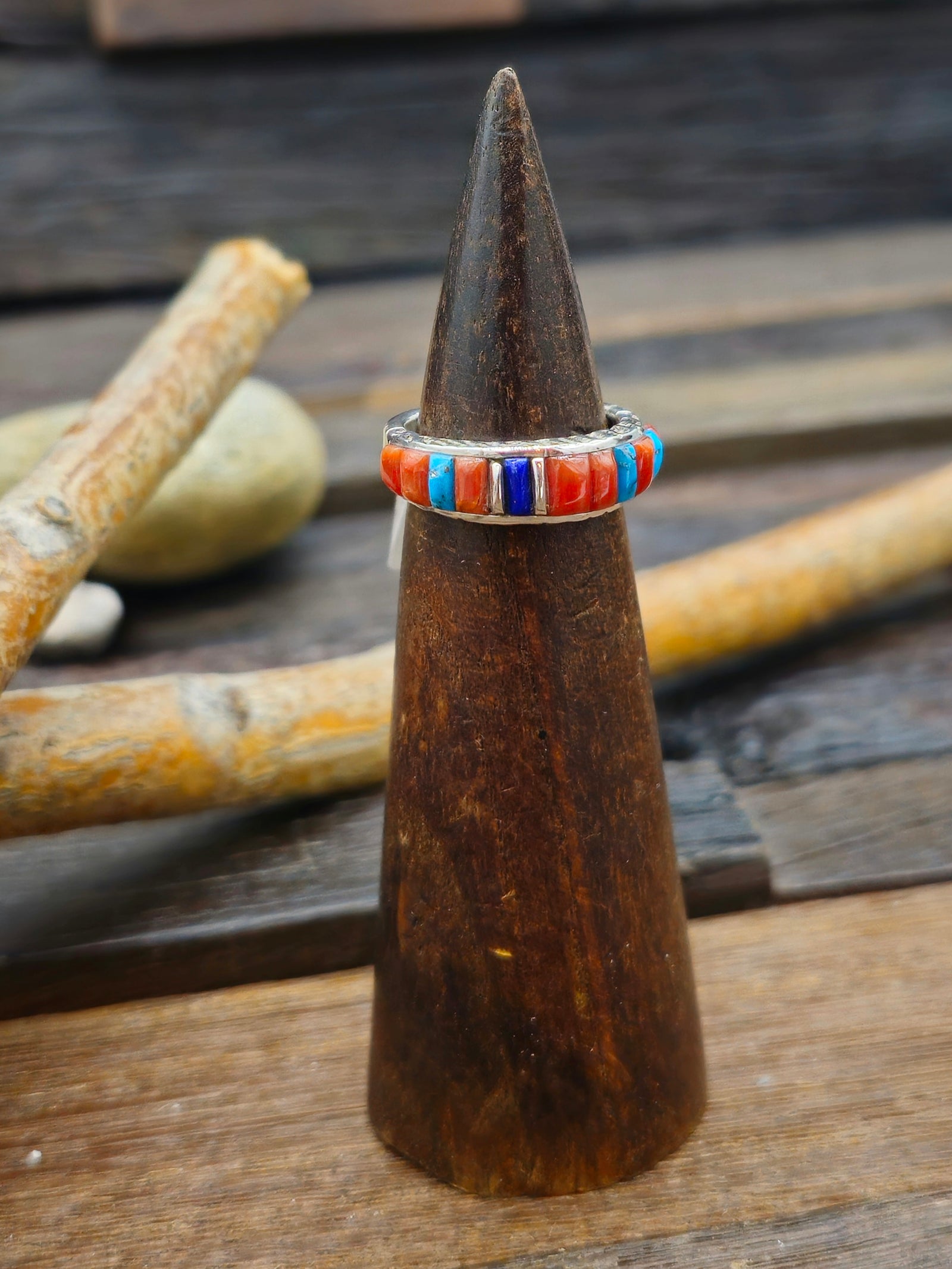 Coral, Lapis and Turquoise Cobblestone Inlay Sterling Silver Ring by Albert Topaha - Size 8
