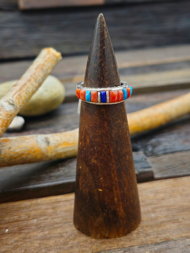 Coral, Lapis and Turquoise Cobblestone Inlay Sterling Silver Ring by Albert Topaha - Size 8