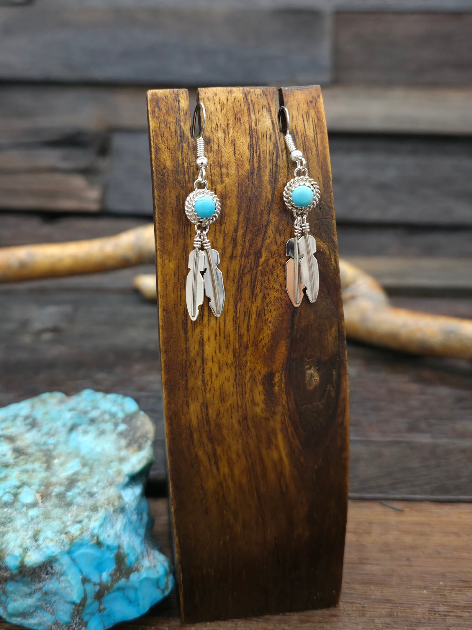 Turquoise Sterling Silver Feathers Hook Dangle Earrings by Teresa Kinsel