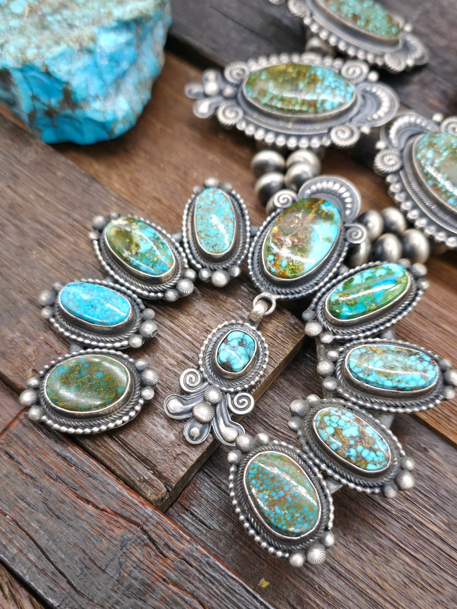 Stamped Sterling Silver and Ceremonial Kingman Turquoise Squash Blossom Necklace by Leon Martinez - 26 in.