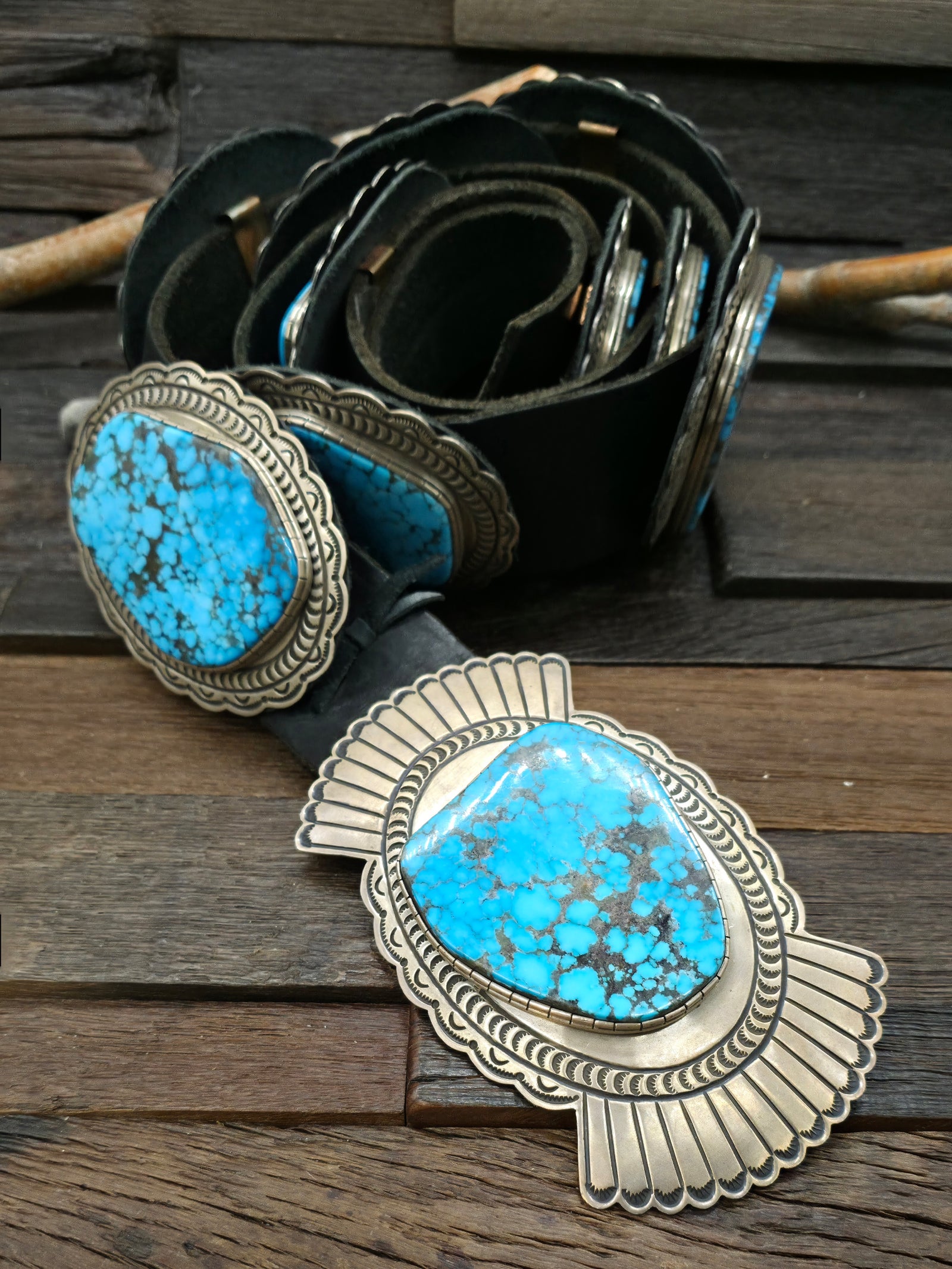 Stamped Sterling Silver Kingman Turquoise Concho Belt by Delbert Delgarito - 60 in.