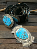 Stamped Sterling Silver Kingman Turquoise Concho Belt by Delbert Delgarito - 60 in.
