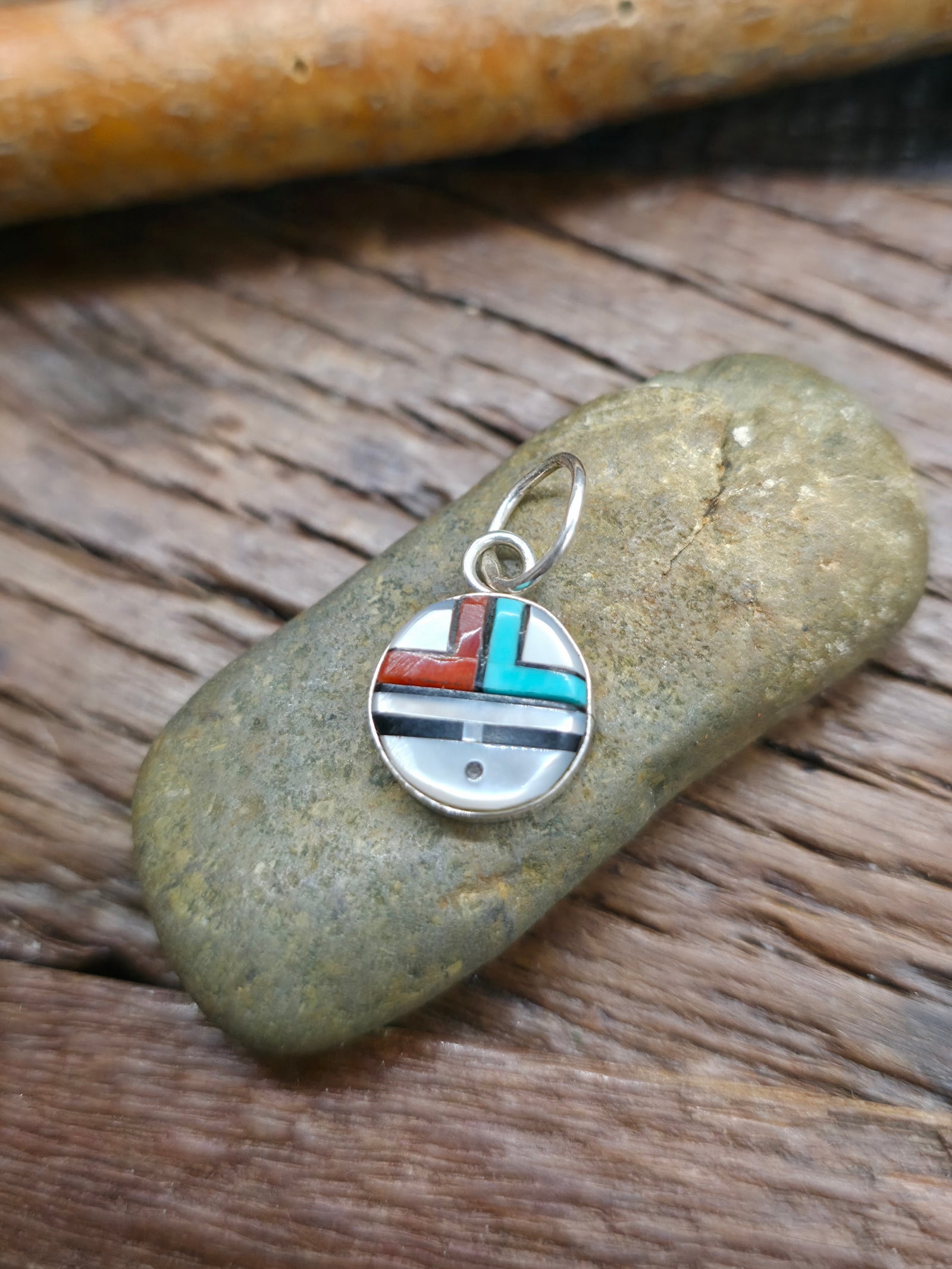 Turquoise, Coral, Mother of Pearl Inlay Mini Sun Face Pendant - 7/8 in. by 3/8 in.