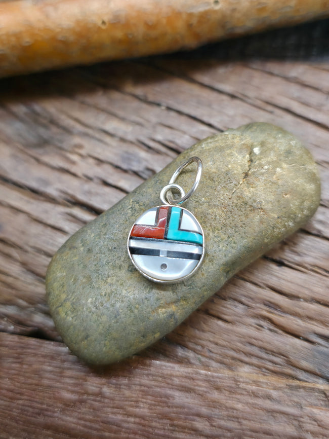 Turquoise, Coral, Mother of Pearl Inlay Mini Sun Face Pendant - 7/8 in. by 3/8 in.
