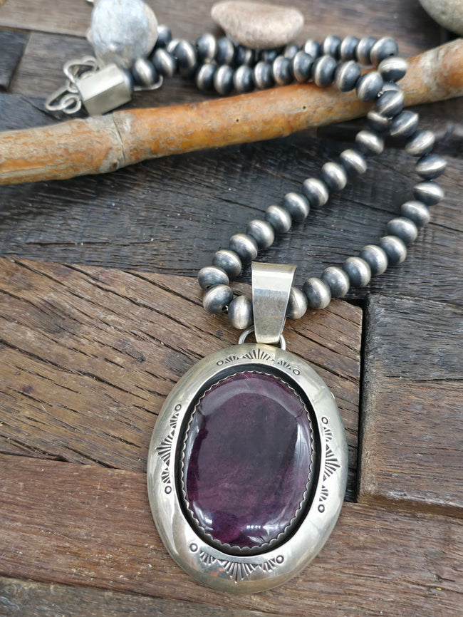 Sterling Silver Bead Necklace with Shadowbox Purple Spiny Pendant by Lyanne Goodluck - 18 in. plus 3 in. Extender