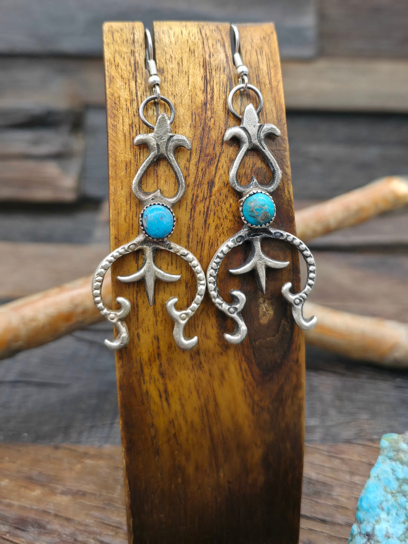 Cast Sterling Silver Naja Earrings with Turquoise by Eva and Lindberg Billah - 3 in. by 1 in.