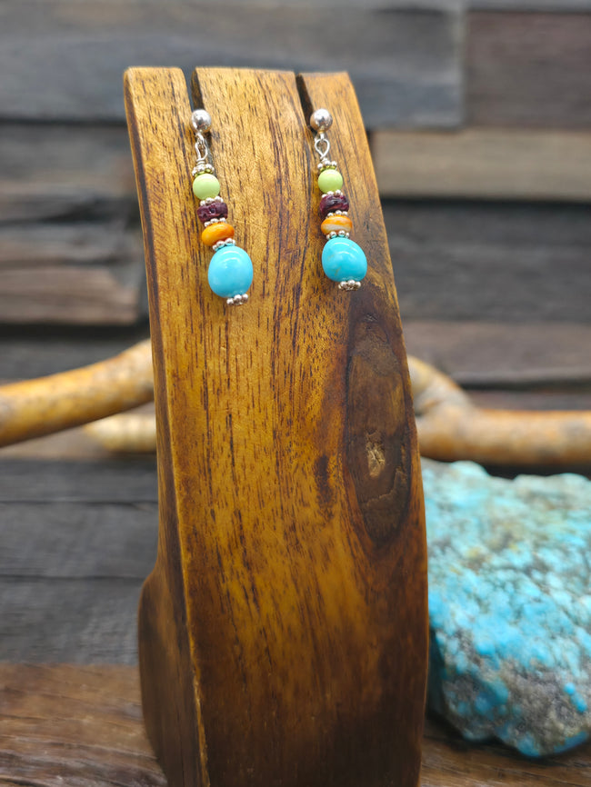 Sterling Silver, Turquoise Spiny, and Gaspeite Bead Post Dangle Earrings - 1 1/4 in. by 1/4 in.