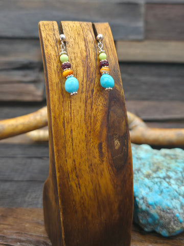 Sterling Silver, Graduated Melon Shell Heishi, and Turquoise Earrings by Rose Cate - 3 in. by 1/2 in.