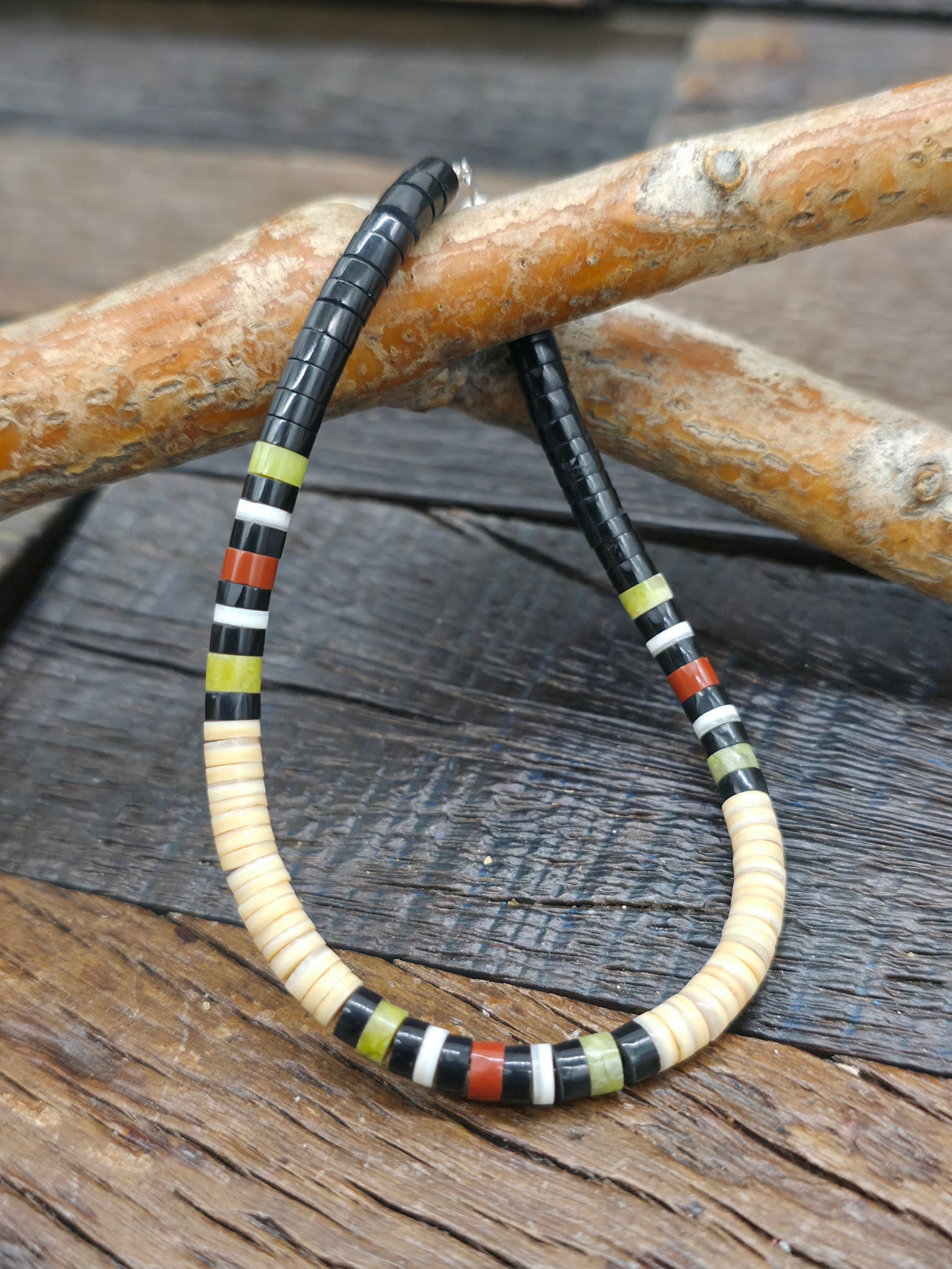 Santo Domingo Melon Shell Heishi Bracelet with Jet, Pipestone, and Serpentine by Dorene Calabaza - 7.5 in.