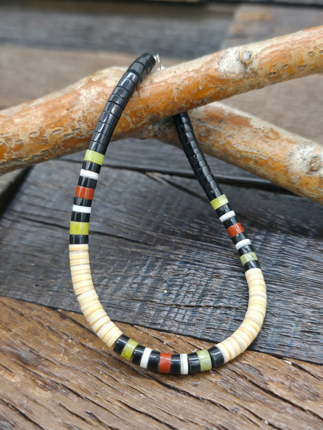 Santo Domingo Melon Shell Heishi Bracelet with Jet, Pipestone, and Serpentine by Dorene Calabaza - 7.5 in.