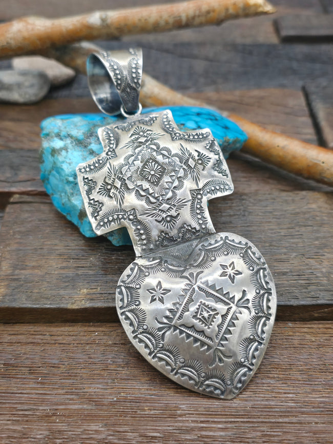 Large Stamped Sterling Silver Sacred Heart Pendant by Vincent Platero - 5 1/4 in. by 2 1/4 in.
