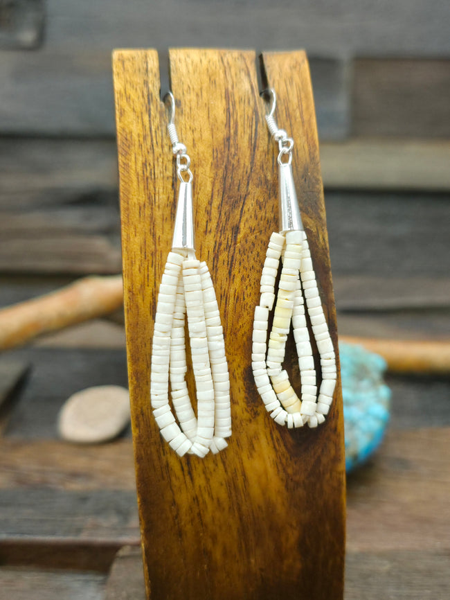 White Clamshell Heishi Bead Earrings by Ramona Bird - 3 in. by 3/4 in.