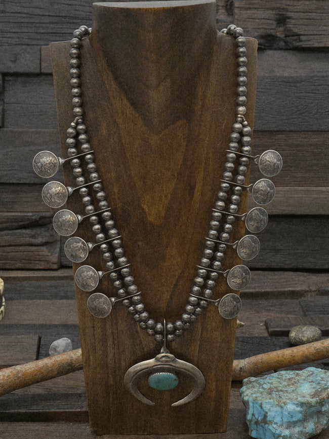 Mercury Dime Sterling Silver and Blue Turquoise Squash Blossom Necklace - 22 in.