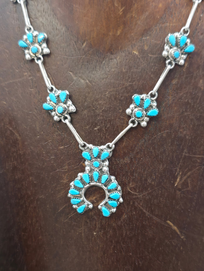 Sterling Silver and Turquoise Zuni Squash Blossom Necklace and Earring Set - 19 in.