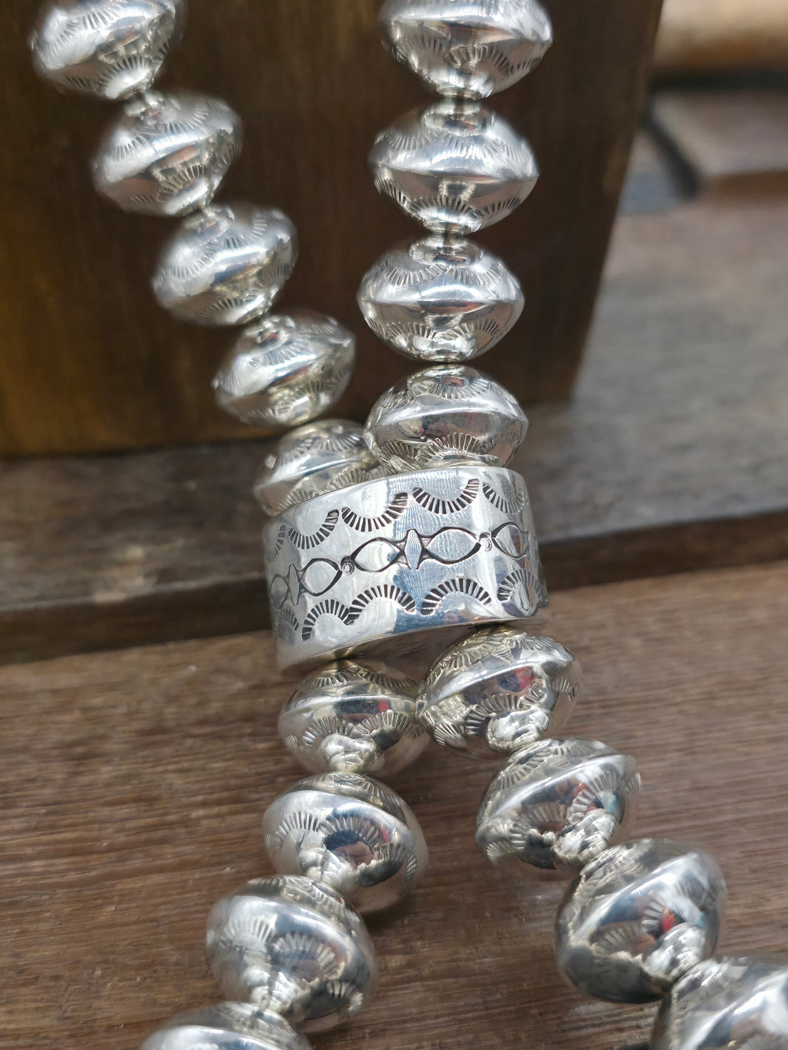 High Shine Stamped Sterling Silver Bead Necklace by Jeffrey Castillo - 28 in. with 4 in. Drop