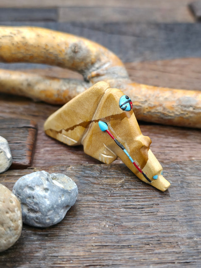 Hand Carved Bear Fetish with Turquoise, Coral, and Jet Inlay by Danette Laate