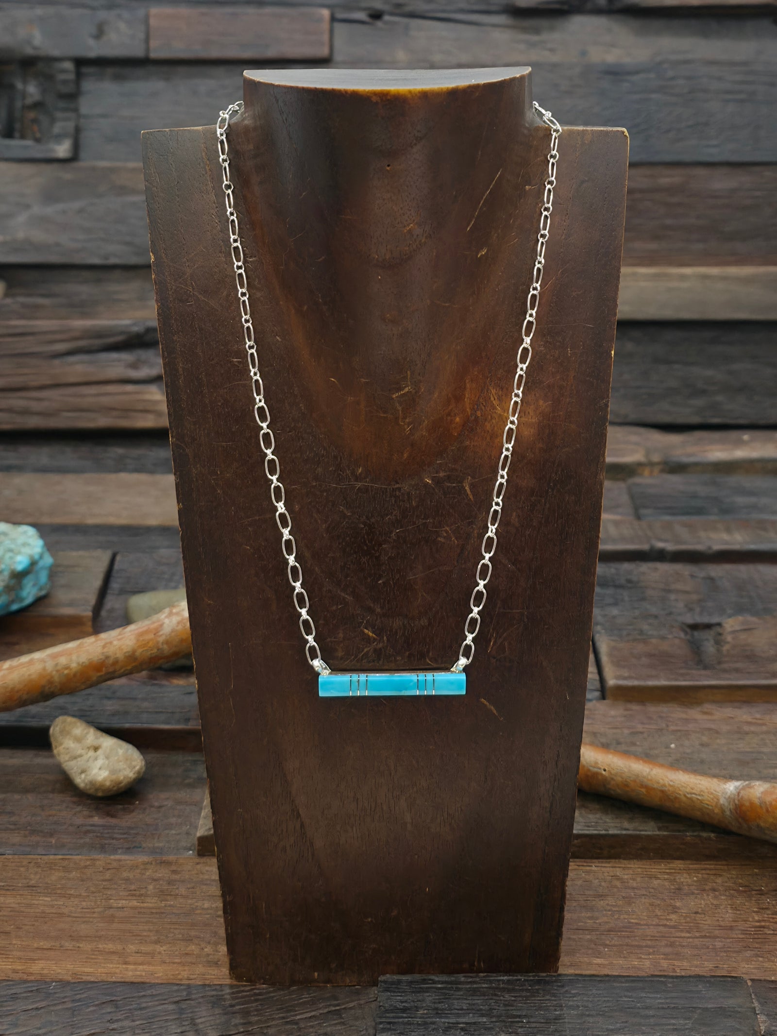 Sterling Silver Turquoise Inlay Bar Necklace by MaDerral Kallestewa - 18 in.