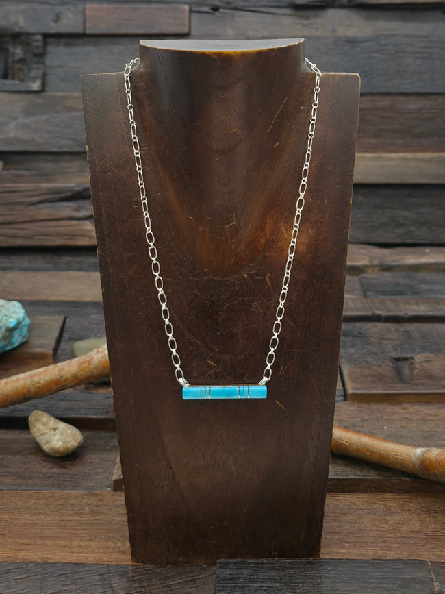 Sterling Silver Turquoise Inlay Bar Necklace by MaDerral Kallestewa - 18 in.