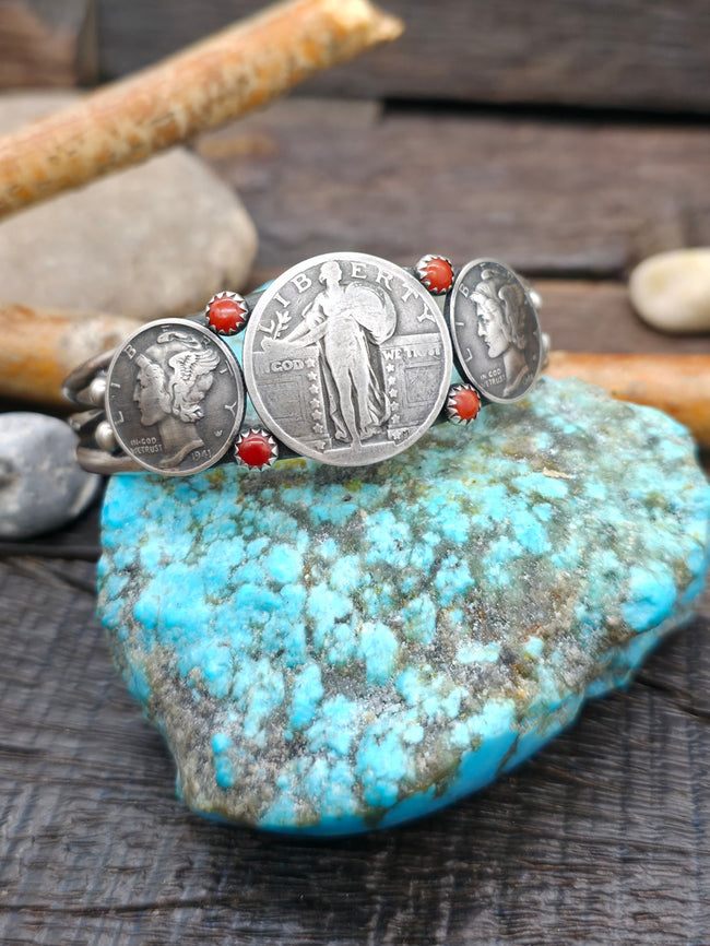 Mercury Dime and Liberty Quarter Bracelet with Coral - 6 1/4 in. with Gap