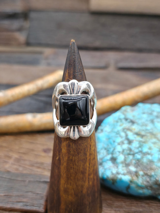 Cast Sterling Silver Onyx Ring by Kevin Yazzie - Size 10