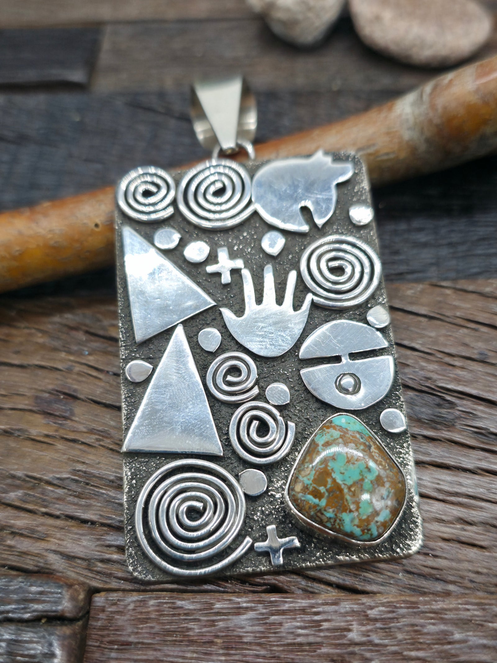 Sterling Silver & Turquoise Petroglyph Pendant by Alex Sanchez - 4 in. by 1 3/4 in.