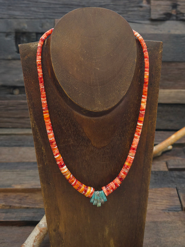 Spiny Oyster Heishi and Turquoise Necklace by Verlyn Yatsatle - 18 in.
